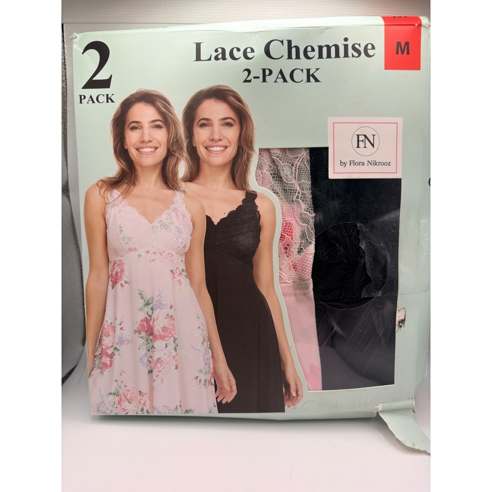 Flora Nikrooz Lace Chemise - 2Pk Black and Pink Floral Sz M